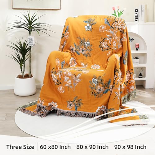 Boho Large Throw Blanket, 100% Organic Cotton Breathable Soft Bed Throw - Floral Bird Farmhouse Decor Blanket for Sofa Couch Chair Quilt and Gift. (Flower-Art, 80" x 90")