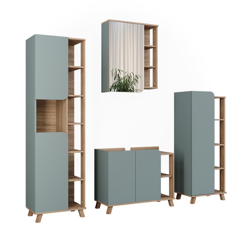 Vicco Set di mobili da bagno Karen, Sonoma/blu, 80 cm, composto da mobile lavabo, pensile a specchio, colonna e base media