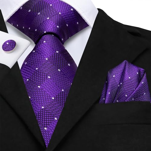 Image of Hi-Tie Mens Plaid Ties Classic Paisley Necktie with Handkerchief Cufflinks Set Business Stripe Tie