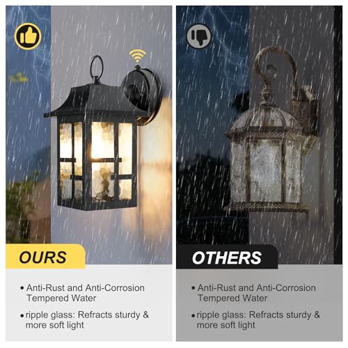 Image of OKELI Dusk to Dawn Outdoor Wall Lights, Exterior Waterproof Lantern, Front Porch Sconce Lighting with Water Ripple Glass Shade, Anti-Rust Wall Lamps Outside Lights for Garage (Black-SIZE-M-2pack)