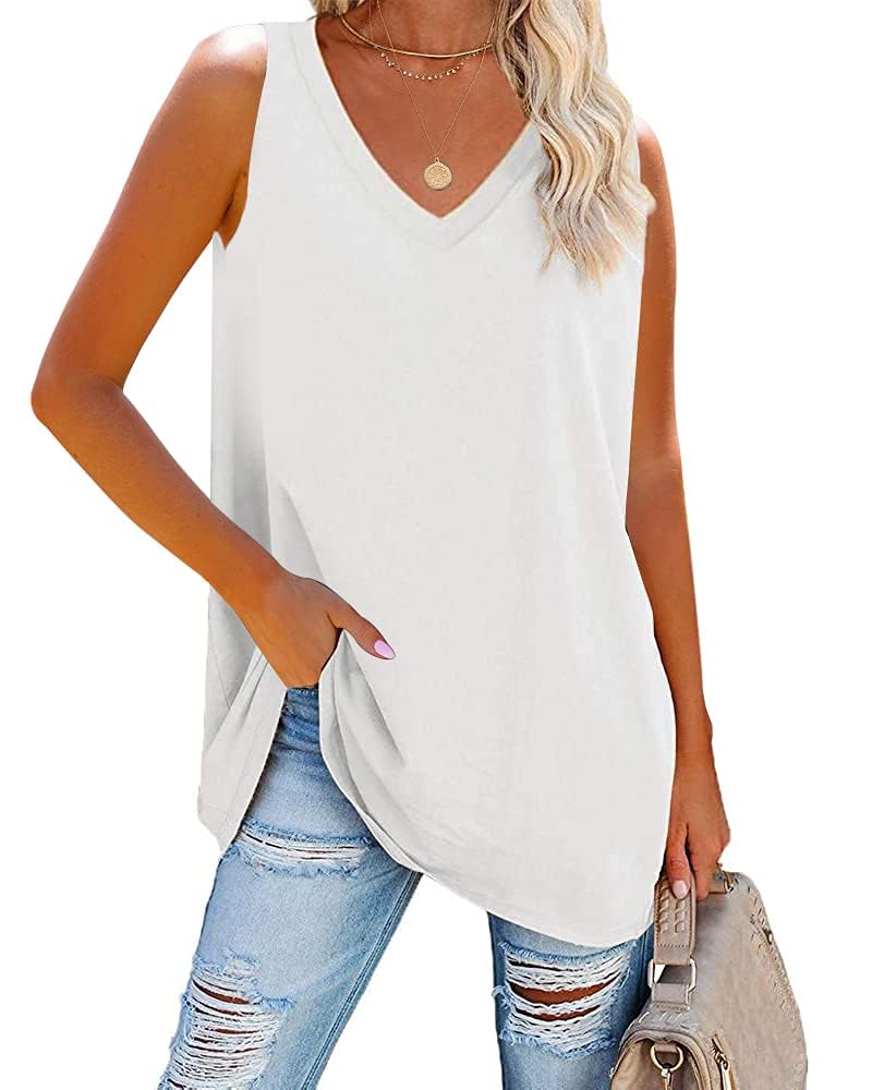 Fisoew Damen Tank Top V-Ausschnitt Blusentop Sommer Basic Tops Ärmellos Bluse Locker Cami Oberteile