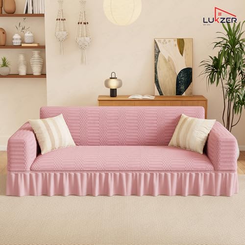 Image of Lukzer 2 Seater Jacquard Sofa Cover with 360 Frill Skirt - Pastel Pink Dotted Stripe | 240 GSM Stretchable Anti-Slip Fully Covered Universal Couch Cover for Living Room (140-180CM /SC-068-02F)