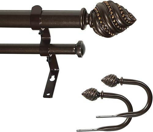 Barra de cortina doble de 1 pulgada con remates Valois y retenes (84 a 120 pulgadas, oro bronce)