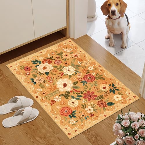 Petit tapis bohème orange 61x91 cm antidérapant et lavable