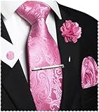 JEMYGINS Paisley Stickerei Design Krawatte Set Herren Einstecktuch Krawattenklammer Manschettenknöpfe Ansteckblume für Hochzeit Party Business Mehrfarbig Rosa