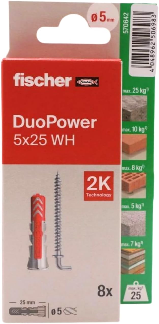 fischer Duopower 5x25mm with Hooks - 8U Multi Material Wall Anchors Suitable for Hanging Bikes, Pictures, Cabinets, TVs, Shelves, Furniture