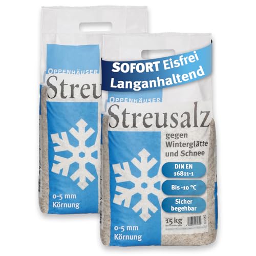 OPPENHÄUSER Streusalz 30kg: Sofort eisfrei & langanhaltend, DIN EN 16811-1, Auftausalz gegen Glatteis, Winterstreu für sichere Gehwege, Einfahrten & Parkplätze, Kornklasse M, Premium Qualität, 2x15kg