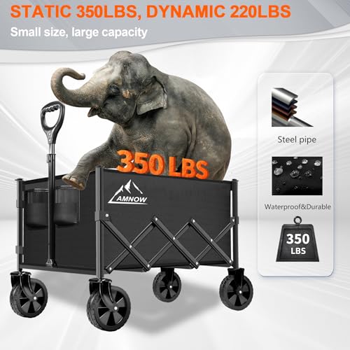 Image of Collapsible Folding Wagon Cart, 350LBS Utility Large Capacity Cart Foldable Wagon with All Terrain Wheels, Grocery Wagons Carts for Garden Shopping Sports Camping, Black