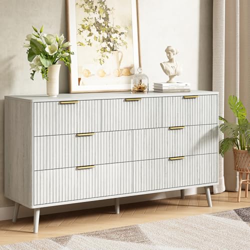 CARPETNAL Fluted 7 Drawer Dresser for Bedroom, 55\" Wide Wooden Chest of Drawers with Rounded Corners, Gold Handles, Modern Storage Organizer for Bedroom, Hallway(White)