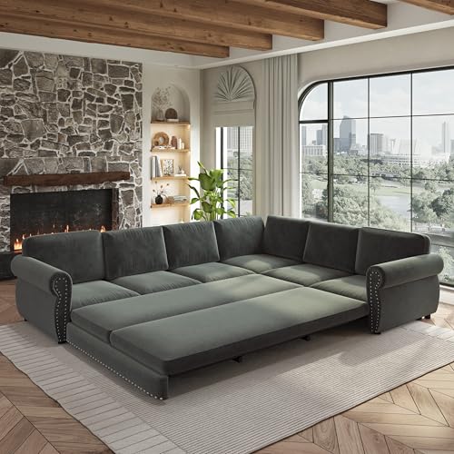 118" Chenille L-Shaped Pull-Out Sectional Vintage Sleeper Sofa, Dark Grey
