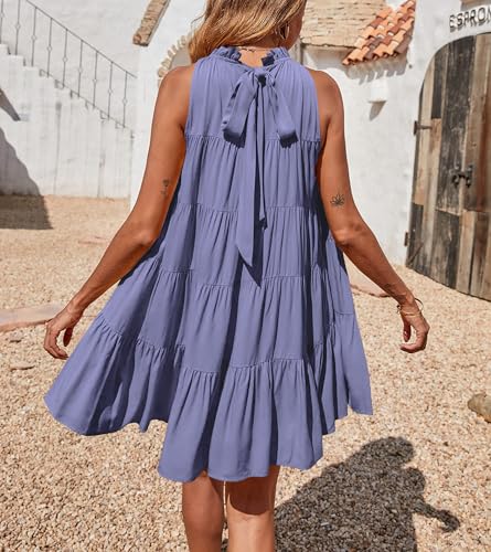 Okiwam Womens Summer Halter Dresses Sleeveless A Line Tiered Swing Mini 2025 Fall Casual Boho Beach Vacation Sundress
