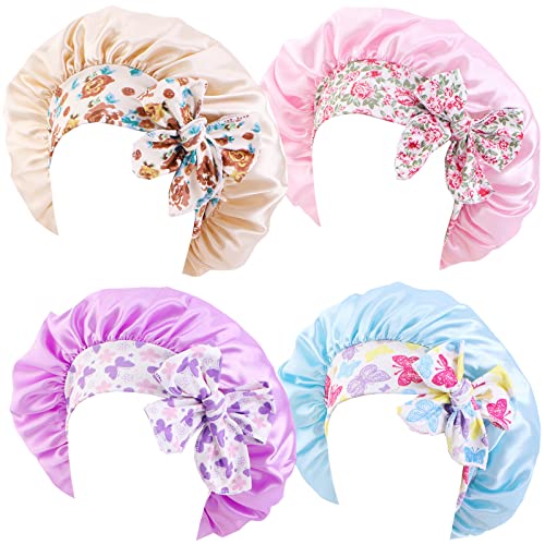 Kids Silky Satin Bonnet Double Layer Adjustable Flower Sleep Cap Girl Night Turban Children Solid Headwear Cute Hat