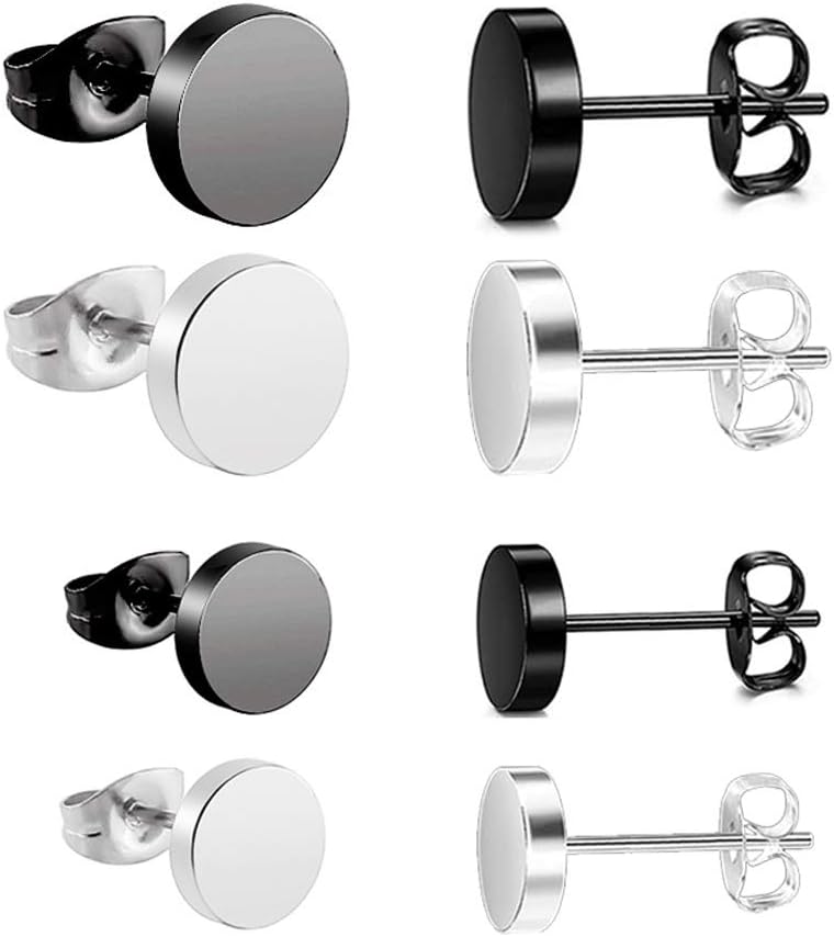 Black Earrings Hypoallergenic Stainless Steel Ear Studs Black and Silver Set for Men Women 6mm 8mm