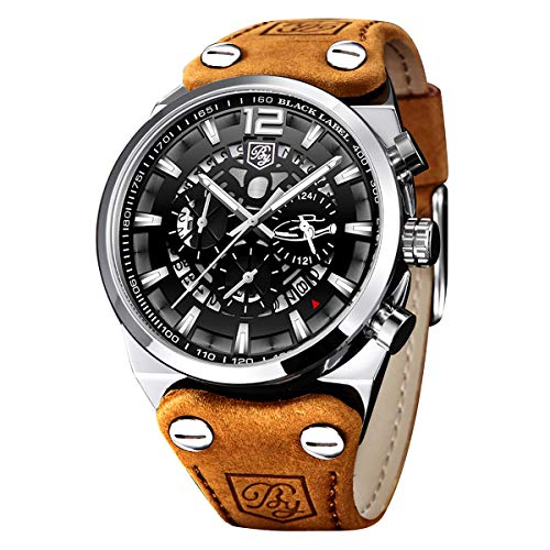 BENYAR - Montre Militaire Homme | Chronographe | Bracelet en Cuir | Mouvement Quartz | Cadran Squelette | 30M Résistant à l'eau | Cadeau Parfait pour Chaque Occasion