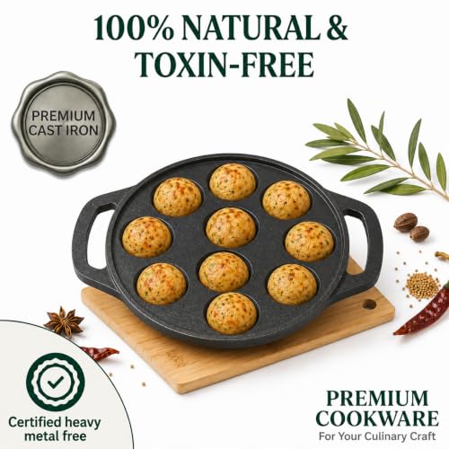 Image of Cast Iron 7 Cavity Paniyaram Pan | Pre-Seasoned Appam Patra, Kuzhi Paniyaram, Appe, Paddu, Ponganal, Litti & Pancake Maker | Naturally Non-Stick | Gas & Induction Compatible | 2 Side Handles (7 Pit)