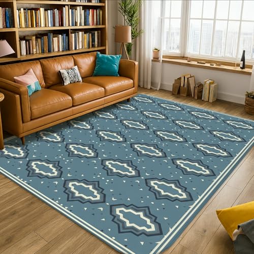 Diamond Tapis moderne contemporain avec lignes de vagues sans bleu à poils courts en éponge douce et résistante aux taches pour salon, chambre à coucher, couloir,...