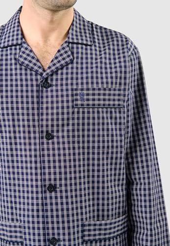 El Búho Nocturno Mens Pajama Set Long Sleeve Cotton Woven Poplin Checkered Pajama Set for Men, 100% Cotton, Blue 1540, M4