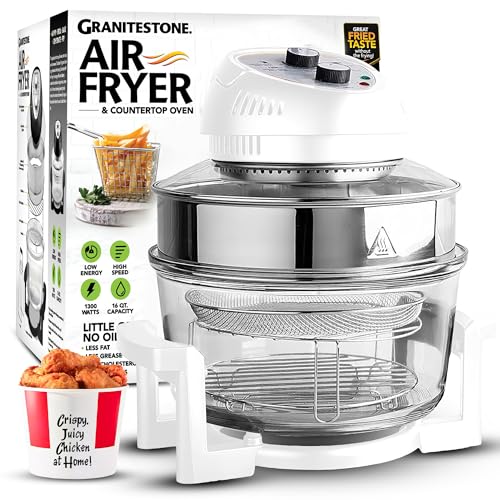 Big Boss 16Qt Extra Large Glass Air Fryer Non Toxic – Family Sized 4 in 1 Cooker with 3 Cooking Sections, Stainless Steel Racks for French Fries, Chicken, No Preheat, Self Cleaning, Dishwasher Safe