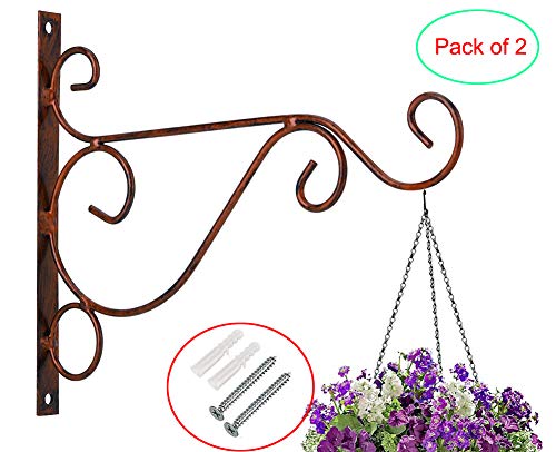 Ocharzy Metal Plant Hanging Hook Wall Brackets Home Garden Decor Flower Pot Hanger Outdoor/Indoor Plants Lantern Hooks Pack of 2 (B, 11.8 x 8.2 in, Coffee)