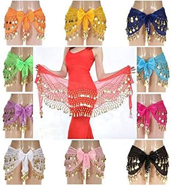 Belly Dance Hip Scarf with Silver Coins Chiffon Belly Dancing Skirt Sash for Costumes & Festivals