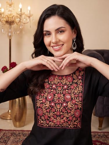 Image of INDO ERA Women's Silk Blend Floral Embroidered Thread Work Straight Kurta & Pant with Dupatta Set | Kurti Set