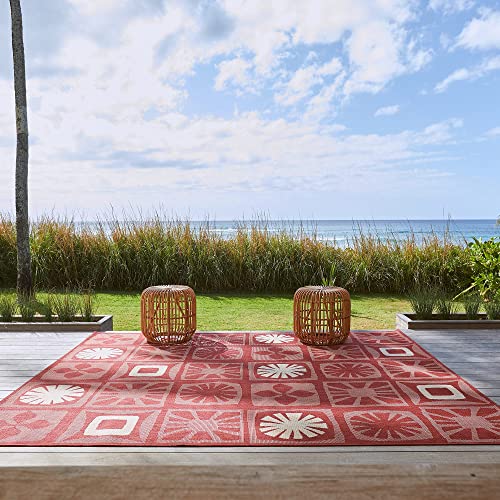 Gertmenian Indoor Outdoor Rugs By Reyn Spooner | Tropical Rugs For Deck, Patio, Poolside & Mudroom | Washable, Stain & Uv Resistant Carpet | 5X7 Standard, Hawaii Abstract Tile Red #TOP1