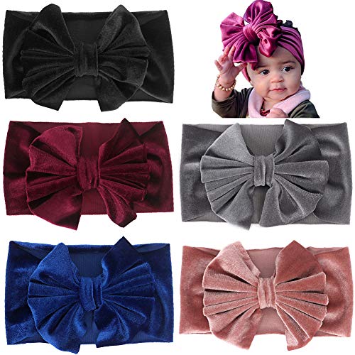 SuperiMan Wide Band Velvet Headband for Baby Girls,Toddler Girls Bows Turban Head Wrap Hair Bands Photography Props Hairband (Black+Red+Royal Blue+Gray+Pink), Large