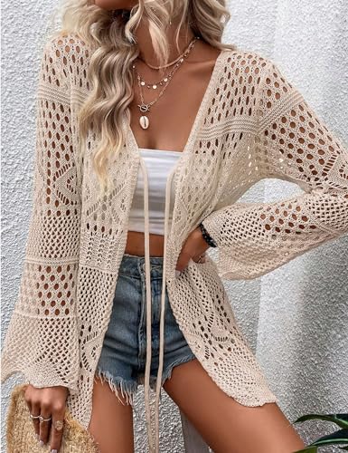 Women Crochet Cardigan Lightweight Tie Front Hollow Out Long Sleeves Summer Knit Cover Cardigans3