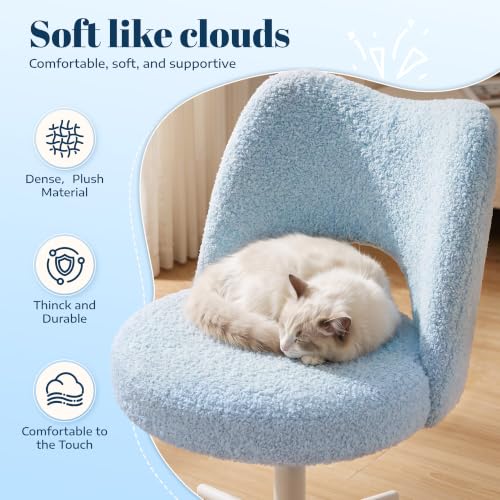 Image of DurayLoly Vanity Chair with Wheels,Open Back, Armless,Light Blue | Chair Soft Teddy Fabric 6 inch Thick Cushion, Height Adjustable 17.5 inch-21.5 inch, 360 Swivel for Vanity Table, Home Office