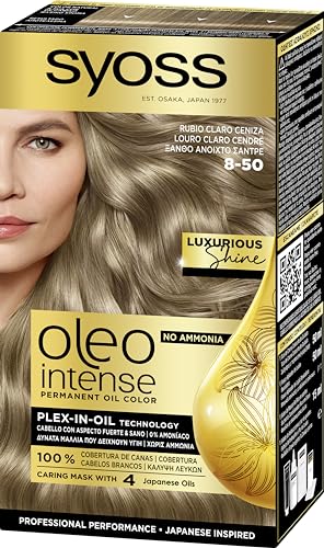SYOSS OLEO INTENSE Coloración Permanente Sin Amoníaco, Resultados de Peluquería, Cobertura Profesional de Canas, Tono 8-50 Rubio Ceniza, 3 x 20 G