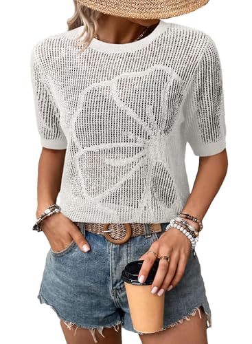 Image of Dokotoo Womens Summer Short Sleeve Crochet Tops Hollow Out Floral Sweaters Beach Vacation Cruise Outfits