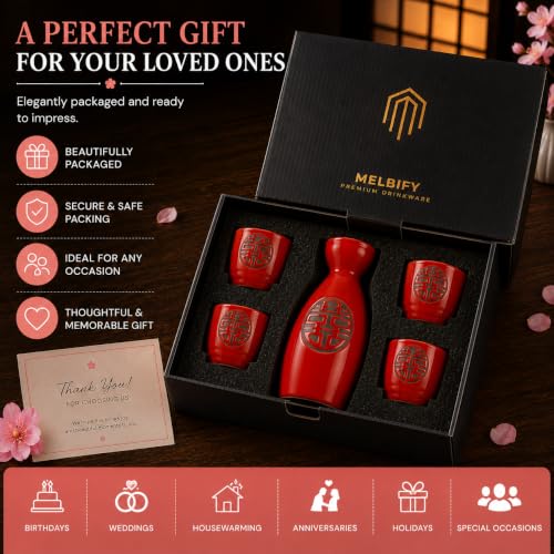 Image of Japanese Ceramic Sake Set - 5 Piece Crimson Red Design Porcelain Sake Set with 1 Sake Bottle (Tokkuri) & 4 Sake Cups | Japanese Wine Set for Drinks, Shochu & Home Bar | House Warming | Gift Set