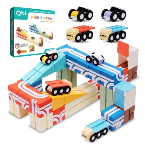Image of QBI Magnetic Cube Track Set, 4-in-1 Race Car Track Blocks, Kids Ages 3+ | 36-Pc Magnetic Cube Blocks & 3D Track, 60 Challenge Cards, ABS Lead-Free Printing, Montessori STEM Play, Birthday Gift