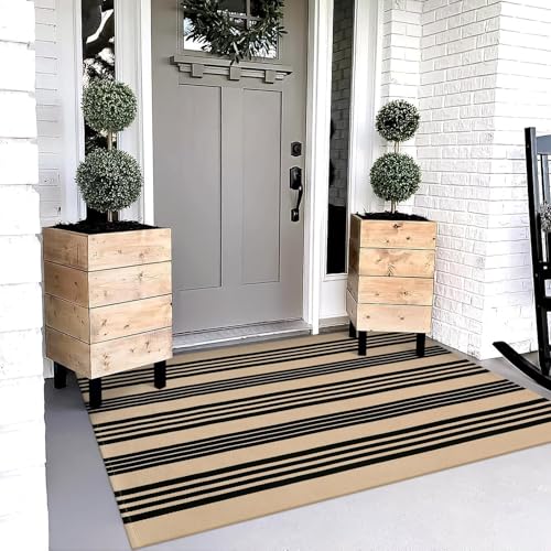 OJIA Outdoor Rug 3'x5', Black and Tan Area Rug Machine Washable Rugs Cotton Hand Woven Entry Rug Indoor Outdoor Striped Carpet for Front Porch/Deck/Backyard/Camping/Outdoor Decor
