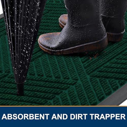 Image of Smiry Front Door Mat Outside Entrance, Heavy Duty Sturdy Natural Rubber Doormat, Trap Dirt and Moisture, Easy Clean Low Profile Welcome Floor Mats for Indoor Outdoor Entry, 35X23 Inch, Deep Green