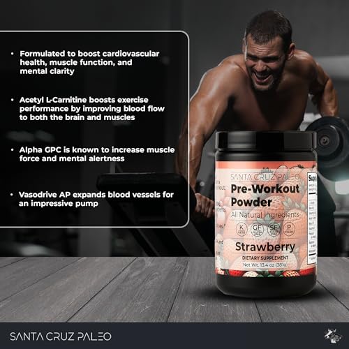 Image of Santa Cruz Paleo Pre Workout Powder Electrolytes, Magnesium, Potassium, Sea Salt & L Citrulline, Caffeine & Sugar Free Preworkout Drink Mix for Energy & Hydration, Strawberry Flavor, 30 Servings