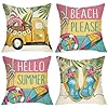 Hello Summer Decorative Throw Pillow Covers 18 x 18 Set of 4 Beach Sunny Yellow Truck Flip Flops Stripes Cushion Case Decor Tropical Hawaii Palm Leaves Seasonal Home Decoration