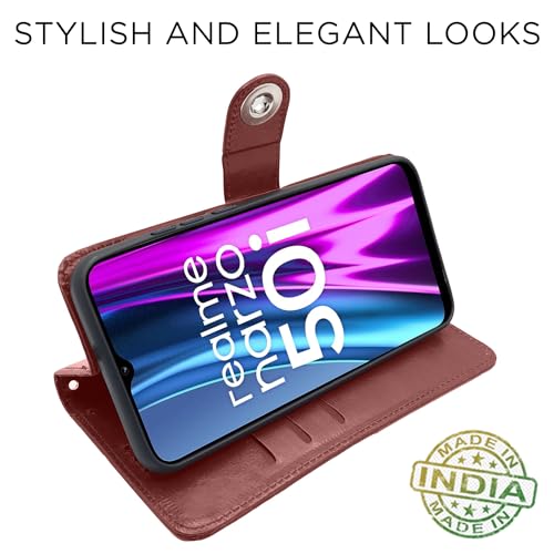 Image of Pikkme Realme Narzo 50i Flip Cover | Genuine PU Leather Finish | Full 360 Protection | Wallet Style | Inbuilt Pockets & Stand | Strong Button Closure Magnetic Flip Case for Realme Narzo 50i (Brown)