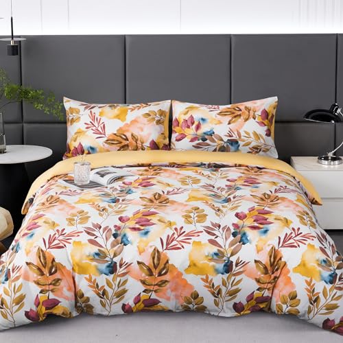 Parure de Lit Floral Microfibre à Motif Automne Branches et Feuilles, 1 x Housse de Couette 220x240 cm 2 Personnes et 2 x Taies d'oreiller 65x65 cm Moderne...