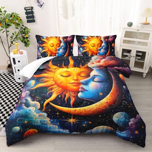 Image of AILONEN Sun and Moon Comforter Set Full Size, Magic Clouds Space Planet Starry Bedding Set,3Pcs Soft Microfiber Duvet with 2 Pillowcases