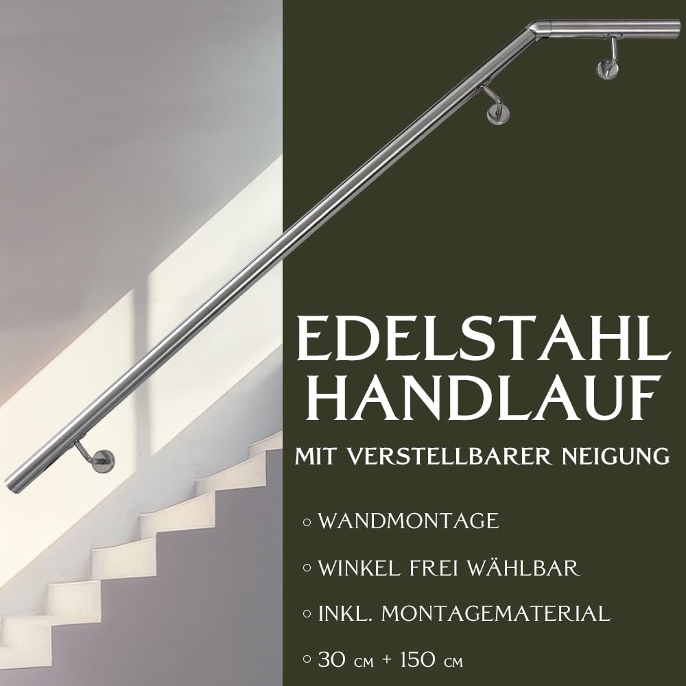 Handlauf aus Edelstahl mit Winkel 150 cm Gelenkverbinder Rohrverbinder Treppengeländer Geländer für Treppe 4,2 cm Wandhandlauf Wand Treppe V2Aox
