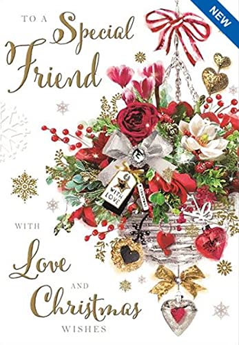 Jonny JavelinTo A Special Friend 'Happy Christmas' Card - Beautiful Design with a Festive Hanging Basket - Foil, Flitter and Embossed Finish - for Her, White Green Red Gold, 159 x 229mm