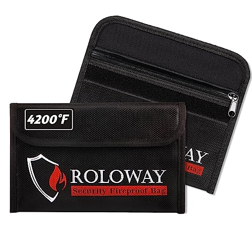 Image of ROLOWAY Small Fireproof Bag (5 x 8 inches), Non-itchy Fireproof Money Bag for Cash, Valuables, Passport, Currency & Keys (2-Pack Black)
