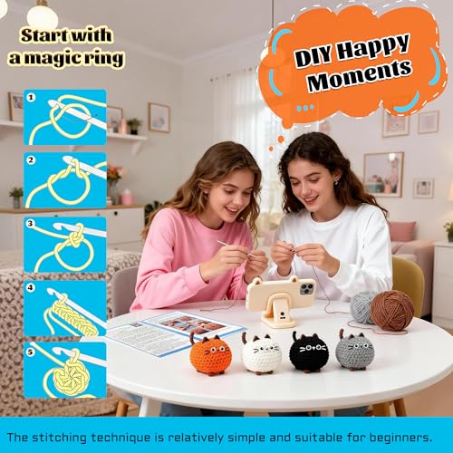 Image of Joyclub Crochet Kit for Beginners 4 Cat Family with Video for Adults | Step-by-step video and 40% extra yarn support first projects for crochet starter; a amigurumi DIY gift for adult crafters