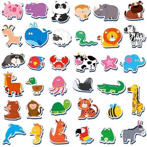 35 PCS Animal Magnets, Adorable Magnetic Animal -Wild Animal, Farm Animal & Marine Animal-Thick Foam Refrigerator Magnets Cute Educational Learning Toys for Kids 3+