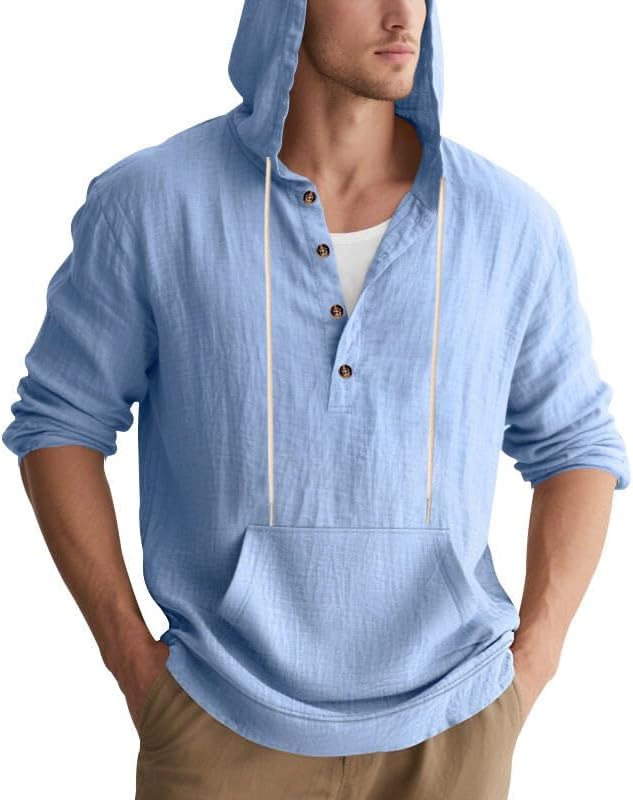 Men's Linen Hoodie Lightweight Hawaiian Shirt Casual Beach Shirt with Pockets - Image 3
