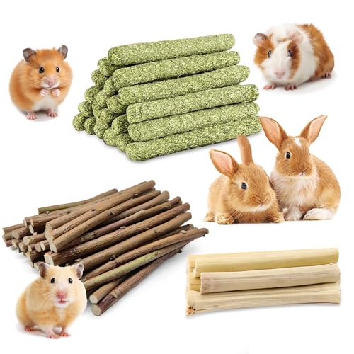 WDEFUN Natural Pet Chew Toys Set - 20 Timothy Hay Sticks 20 Apple Tree Branches 5 Sweet Bamboo Safe Chewing Toys for Rabbit Guinea Pig Hamster Chinchilla Gerbil - Teeth Grinding & Boredom Relief