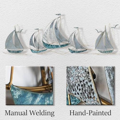 Edaknez Set Of 3 Metal Sailboat Wall Art, Metal Blue Ship Wall Decor, Coastal Nautical Metal Wall Art Decor, Large Sailing Boat Wall Sculpture thumb #5