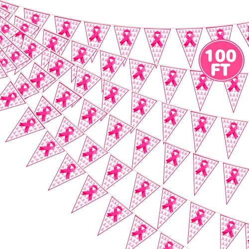 Image of 100 FT Breast Cancer Awareness Decorations, 3 Pack Pre-assemble Pink Ribbon Pennant Banner Flags, 60 PCS Plastic Pennants Flags Indoor Outdoor Party Supplies Home Office Ceiling Wall Hanging Decor