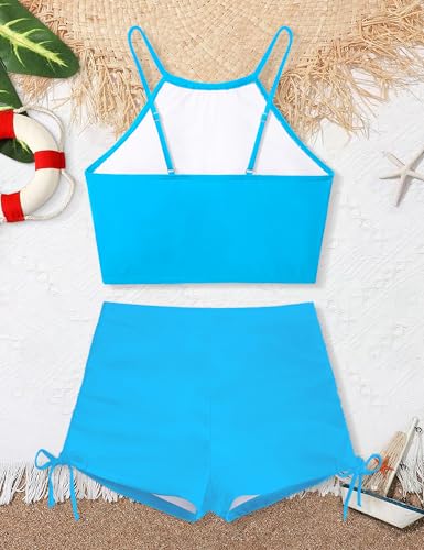 Image of BAVADER Girls Swimsuit 2 Pcs Solid Color Cutout Tankini with Shorts Drawstring Bathing Suit for Girls Swimwear 7-14Y